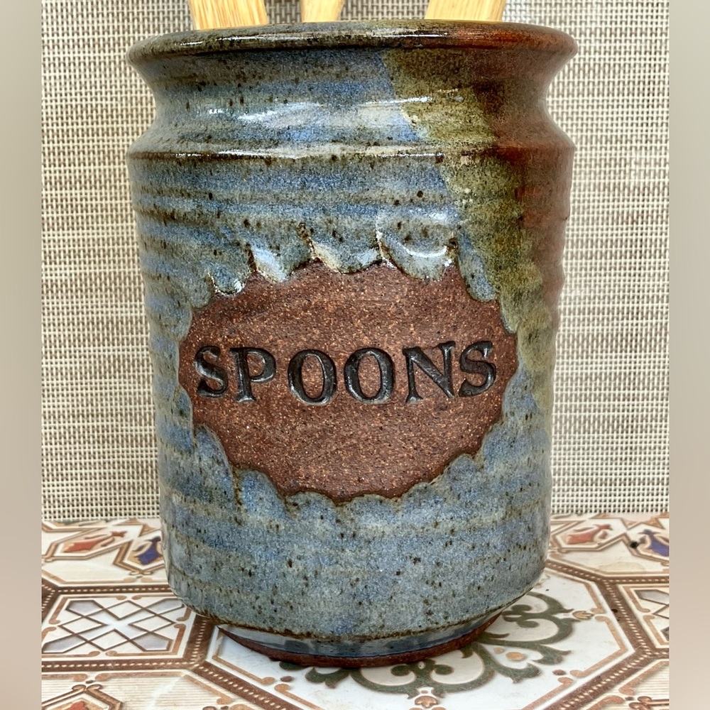 VTG Stoneware Glazed Art Pottery Spoons Holder Signed